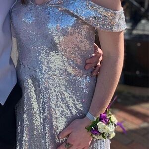 Silver Sequin Off-Shoulder Prom Dress